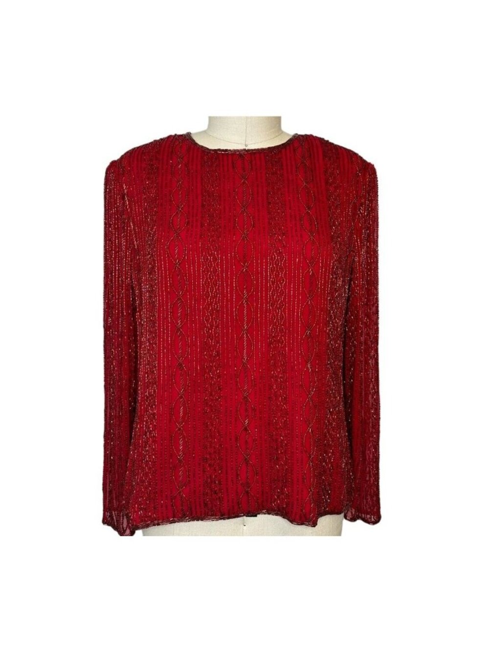 Laurence Kazar 100% Silk Red Hand Beaded long sleeve evening wear sweater Large